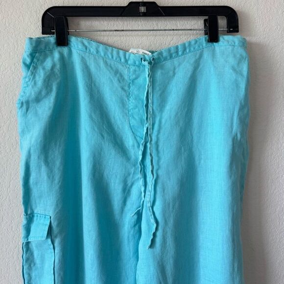 Maternity 100% Linen Aqua Blue Cropped Pants Size L Elastic Waist Cargo Coastal - Picture 4 of 7
